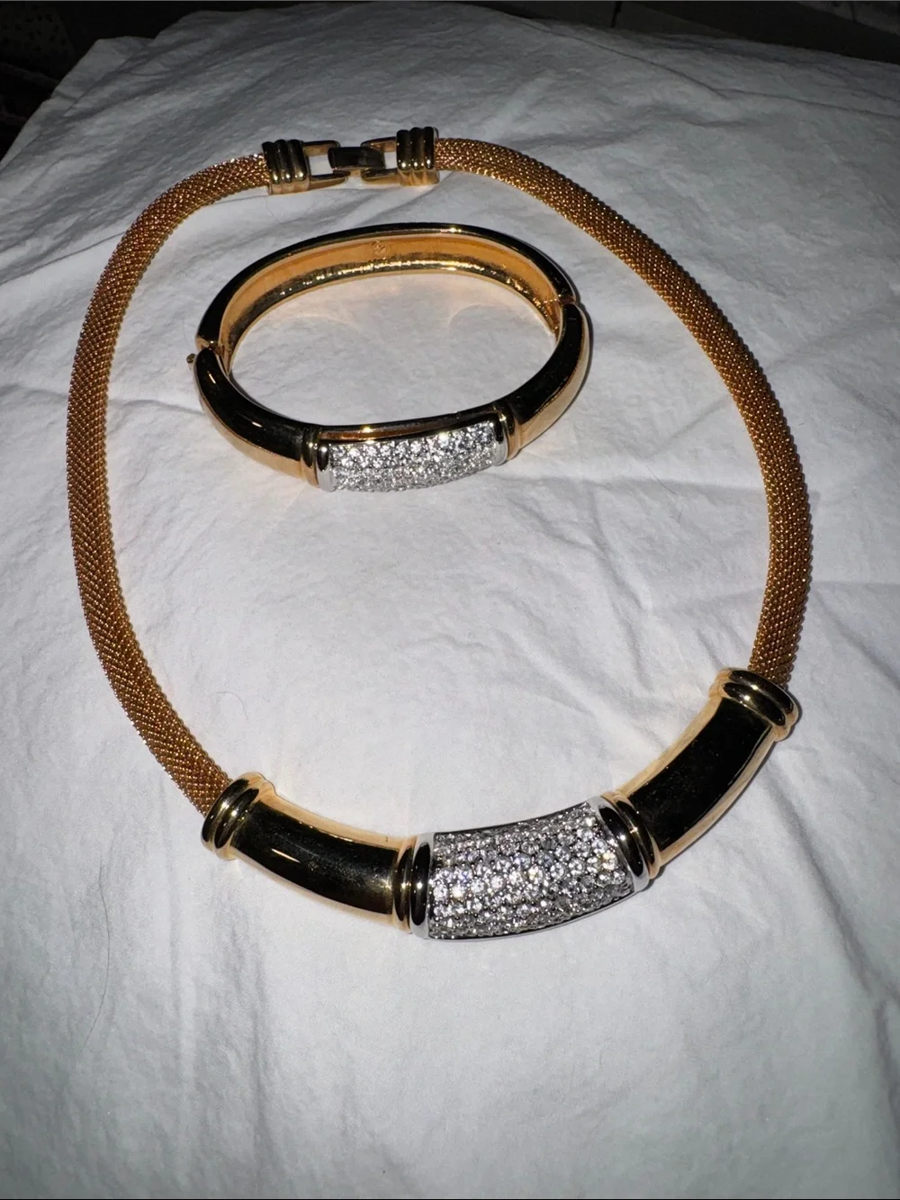Vintage 1980’s Swarovski Gold-Tone Crystals Mesh Necklace and Bracelet Set - Picture 1 of 10
